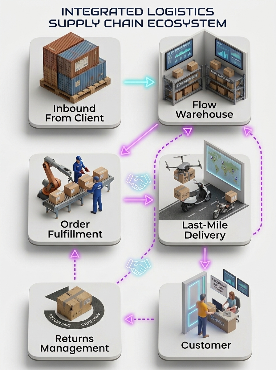 Diagram alur enam tahap: barang masuk dari klien, disimpan di gudang Flow, pesanan disiapkan, dikirim lewat pengantaran last-mile, sampai ke pelanggan, lalu retur dikelola kembali ke gudang.